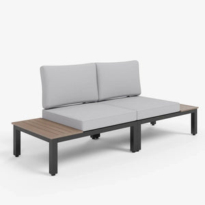 2-seater garden loveseat with wooden side tables, metal frame, and weatherproof cushions