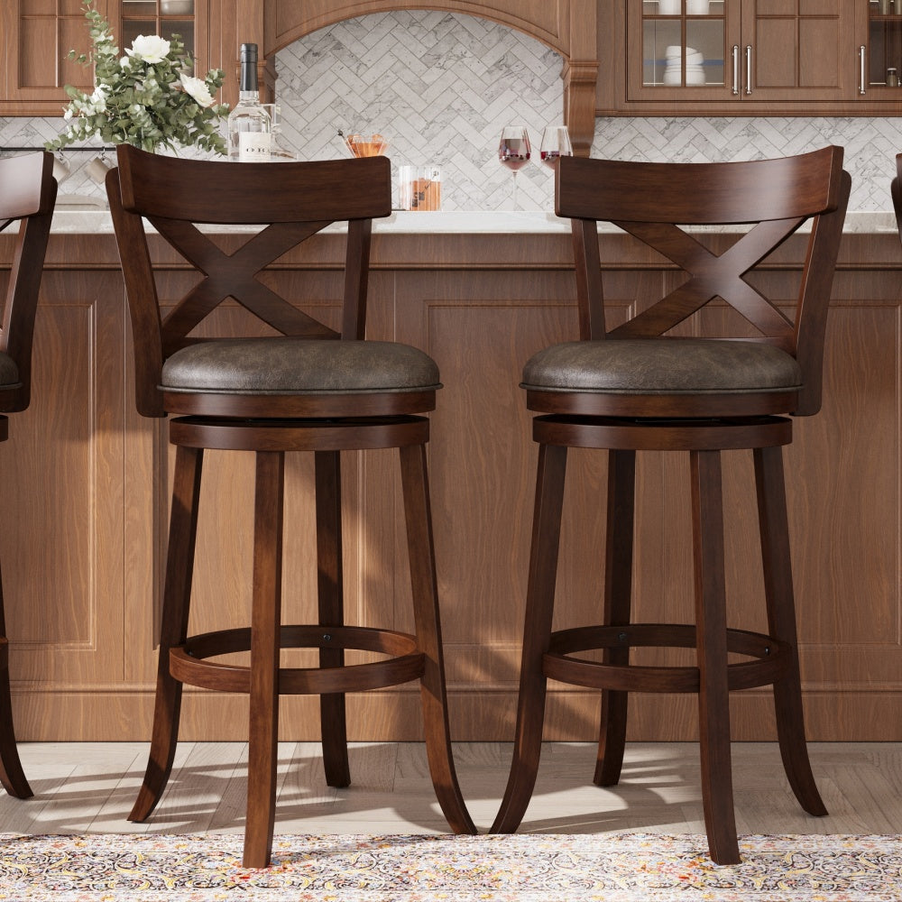 Solid wood swivel bar stools with cross back and padded upholstered seat, rustic kitchen breakfast bar seating