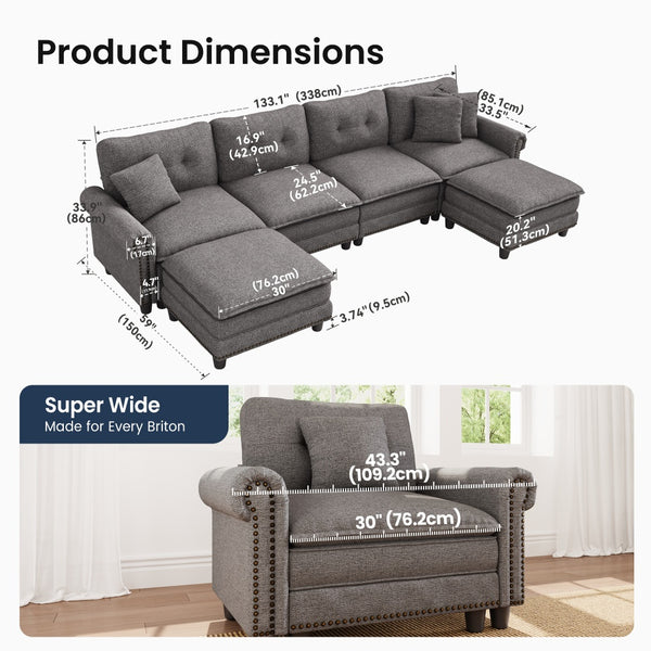 Charleston U-Shaped Linen Effect Sofa with Ottoman