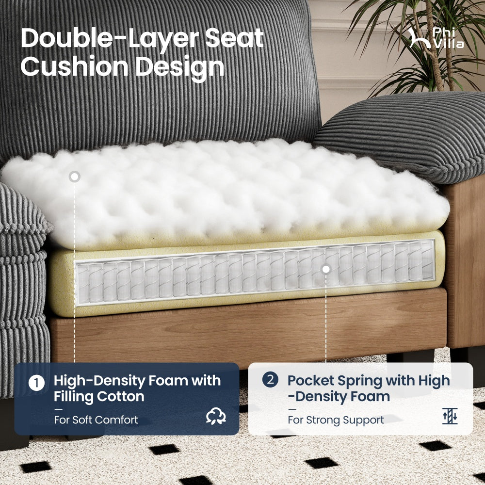 Modular corduroy U-shaped sofa with removable covers and thick cushions