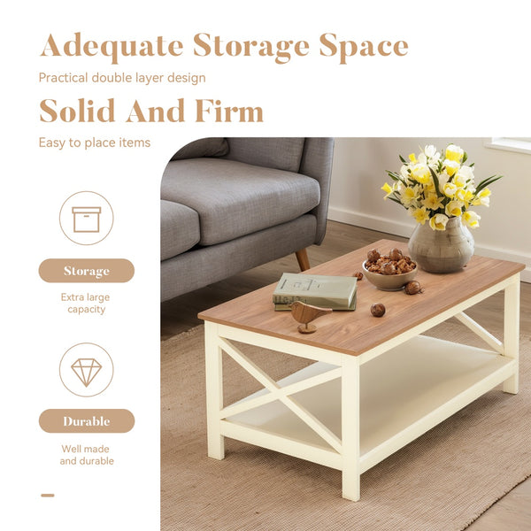 Farmhouse 2-Tier Storage Coffee Table with X-Frame Legs
