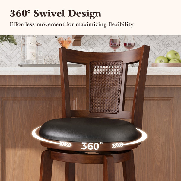 360° Swivel Solid Wood Bar Stool with Grid Back