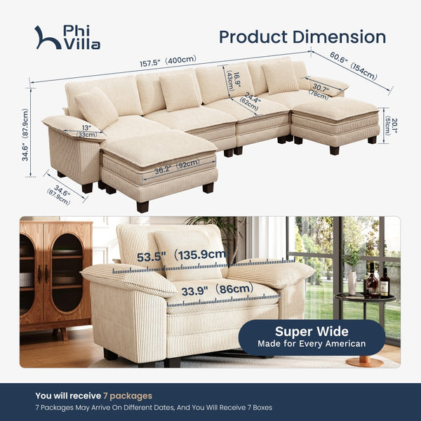 U‑Shaped Cosy Corduroy Sofa with Chaise