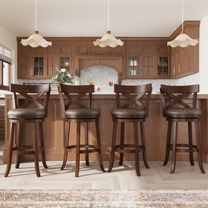 Solid wood swivel bar stools with cross back and padded upholstered seat, rustic kitchen breakfast bar seating