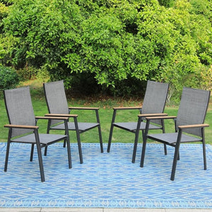 4-piece grey stackable high-back aluminium frame outdoor chairs for garden lawn space