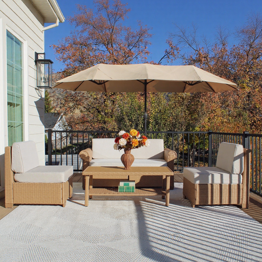 Classic triple-strand rattan garden sofa with iron frame, padded cushions & dual-tier side table