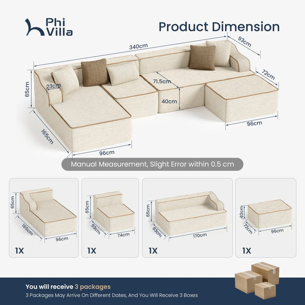 U Shaped Modular Sofa Large Boneless Couch Comfortable Living Room Seating