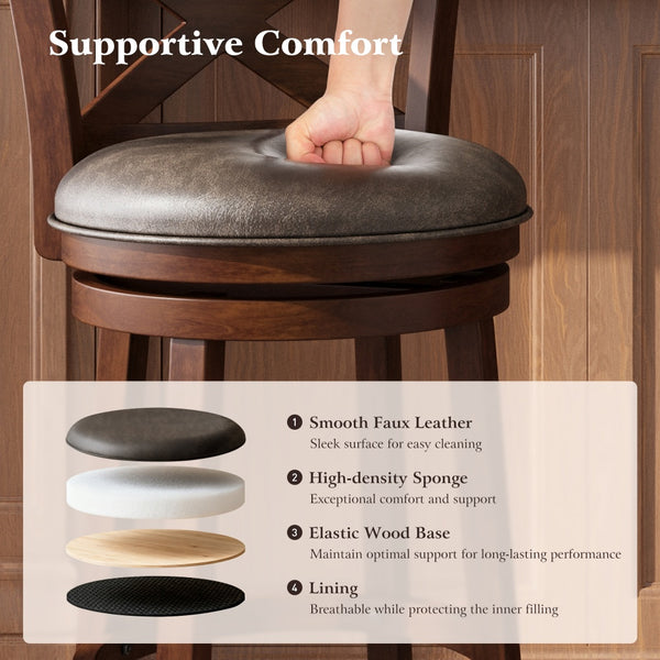 360° Swivel Solid Wood Bar Stool with Cross Back