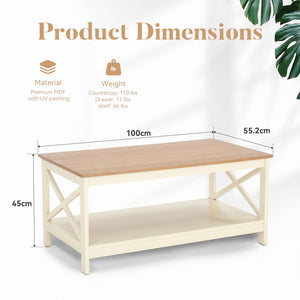 Farmhouse 2-Tier Storage Coffee Table with X-Frame Legs