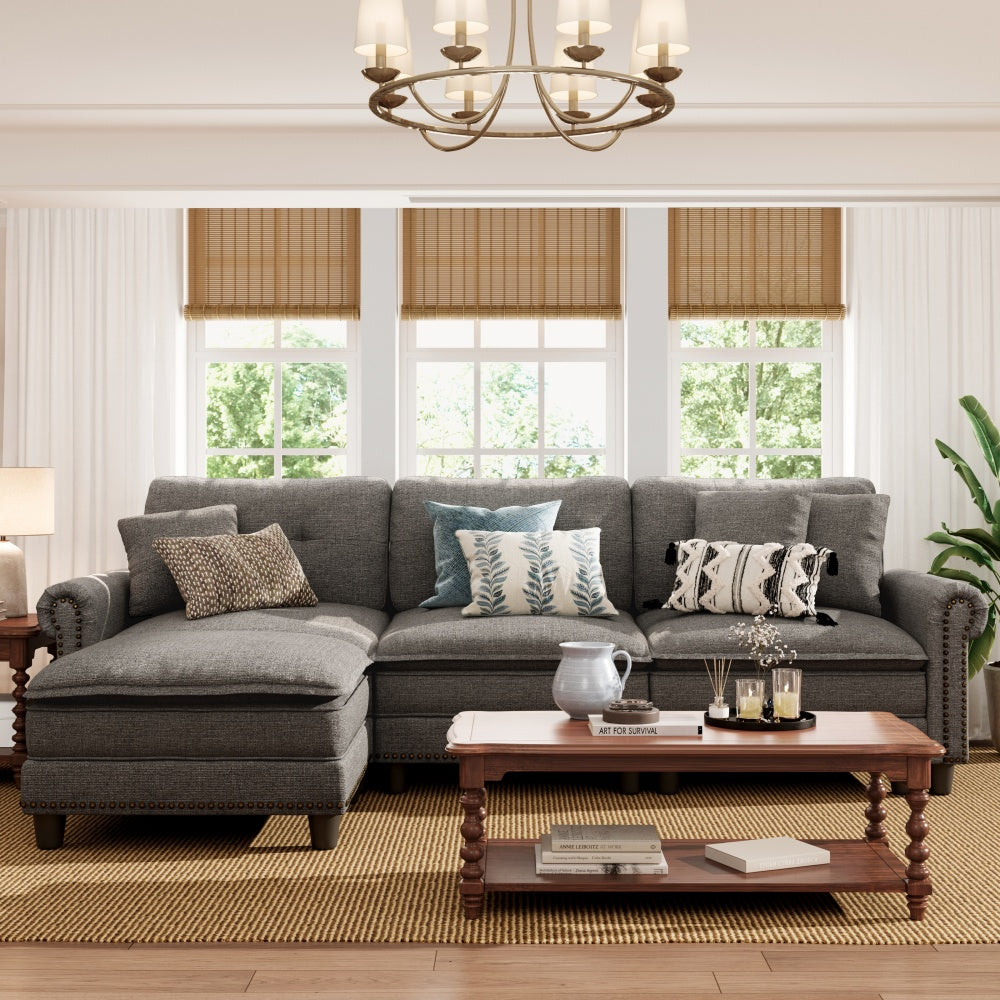 Linen effect corner sofa with nailhead trim, pocket spring cushions and raised legs