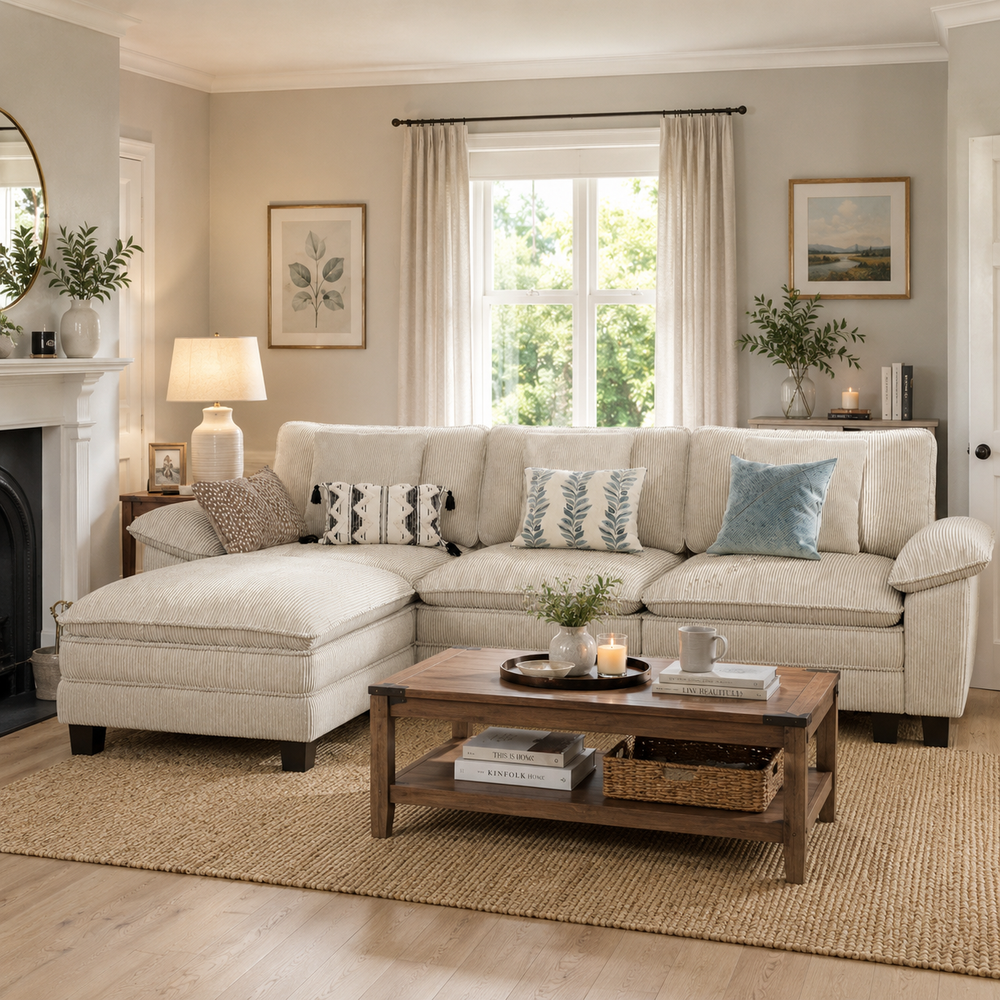 A light beige upholstered sectional sofa with a chaise lounge in a bright, neutral-toned living room. The sofa is styled with several decorative throw pillows, including a blue leaf-patterned pillow and a solid light blue pillow.
