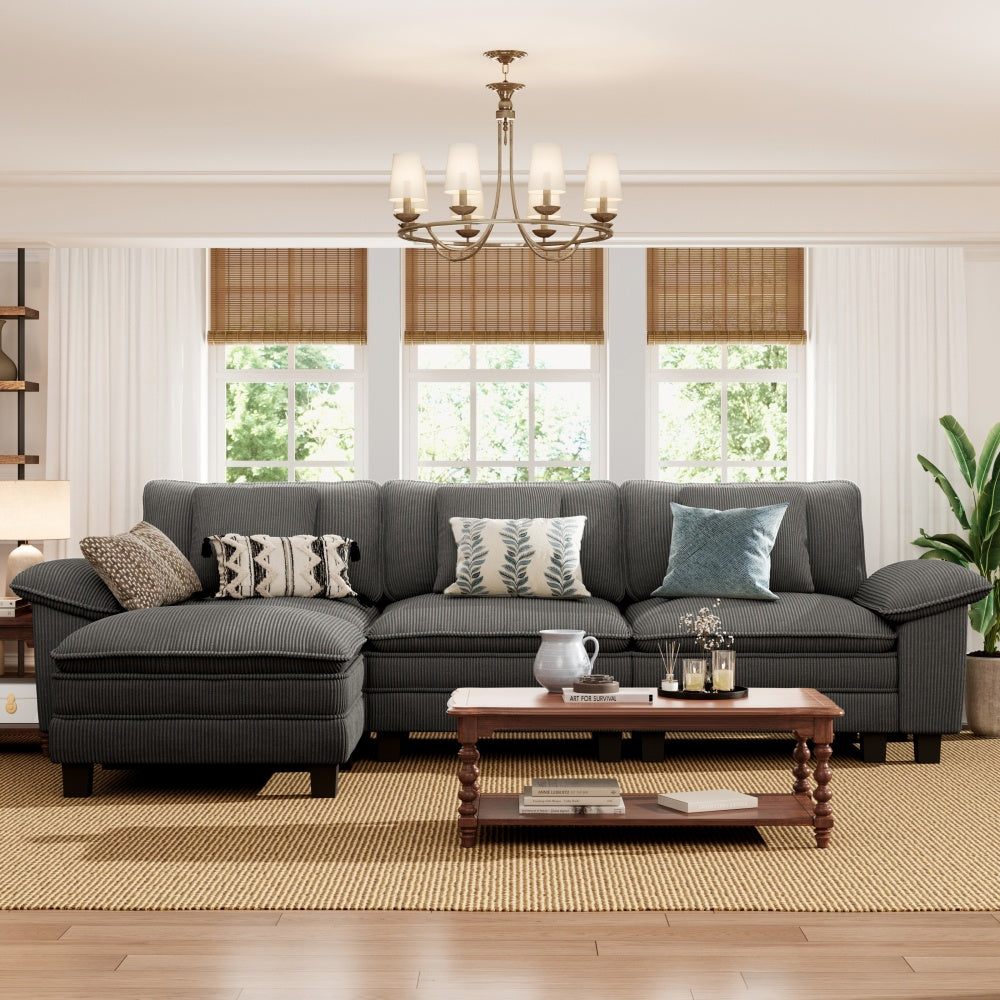 Modular corduroy corner sofa with detachable footstools and thick padded cushions