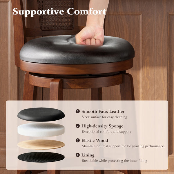 360° Swivel Solid Wood Bar Stool with Grid Back