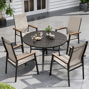 5-piece beige stackable garden dining set on outdoor patio