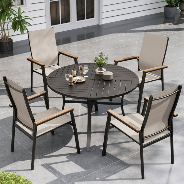 5-piece beige stackable garden dining set on outdoor patio