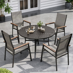 5-piece grey stackable garden dining set on outdoor patio