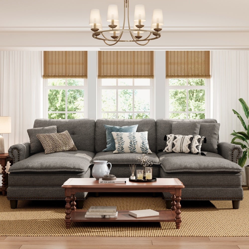 Linen effect corner sofa with nailhead trim, pocket spring cushions and raised legs
