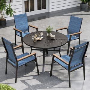 5-piece blue stackable garden dining set on outdoor patio