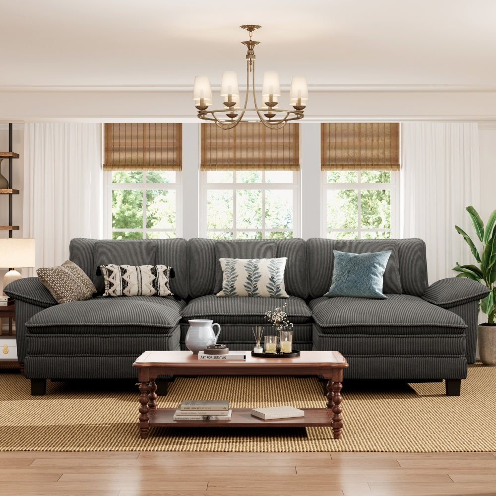 Modular corduroy U-shaped sofa with removable covers and thick cushions