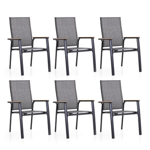 6-piece stackable high-back outdoor chairs with aluminium frame and breathable grey fabric