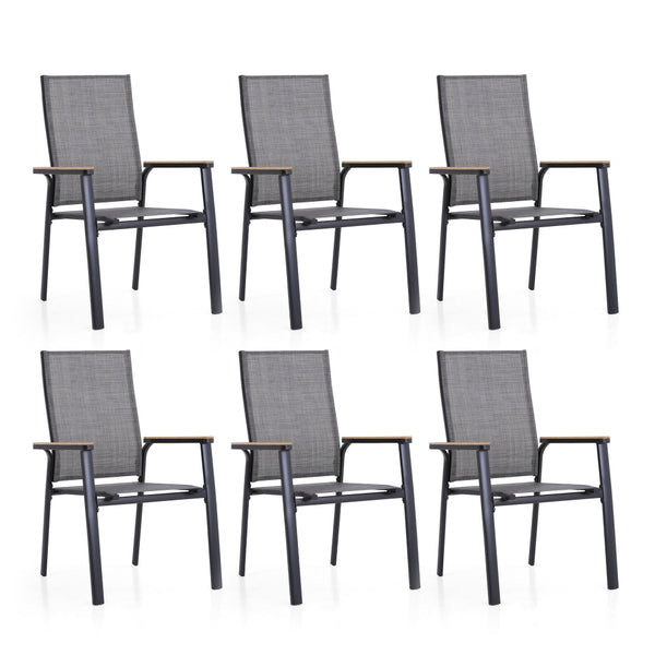 6-piece stackable high-back outdoor chairs with aluminium frame and breathable grey fabric