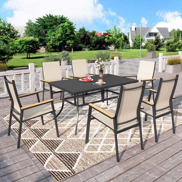 6-seat beige stackable high-back patio dining set for residential backyard deck