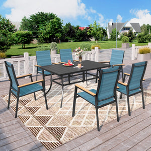 6-seat blue stackable high-back patio dining set for residential backyard deck