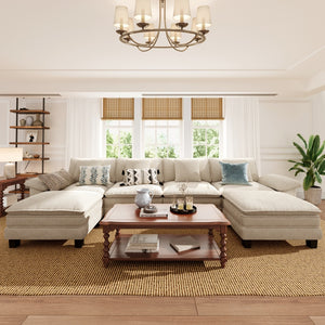 Modular corduroy U-shaped sofa with removable covers and thick cushions