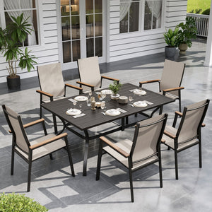7-piece beige stackable high-back patio dining set for backyard outdoor space