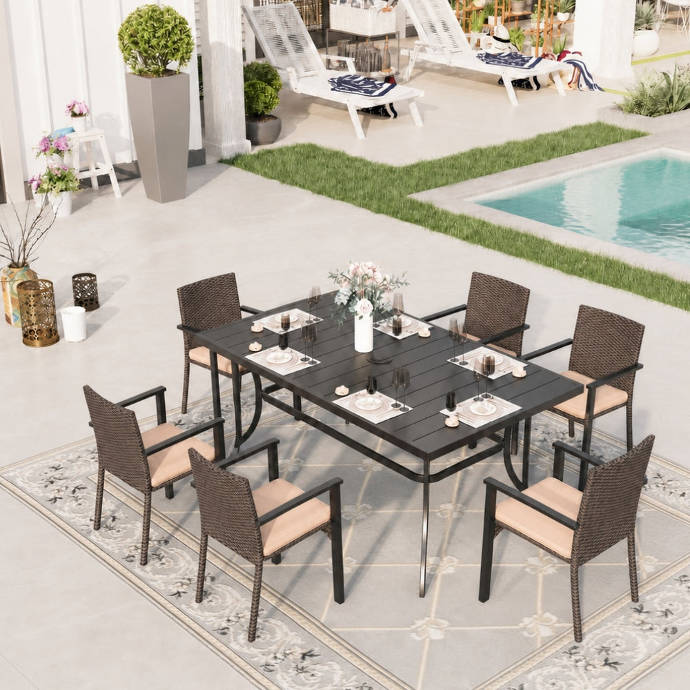 7-Piece Garden Dining Set with Metal Rectangular Slat Table and Wicker Rattan Chairs