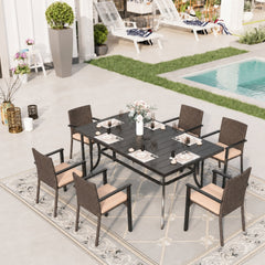 7-Piece Garden Dining Set with Metal Rectangular Slat Table and Wicker Rattan Chairs
