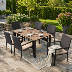 7-Piece Garden Dining Set with Metal Slat Table & Rattan Chairs