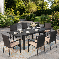 7-Piece Garden Dining Set with Rectangular Slat Metal Table & Rattan Chairs