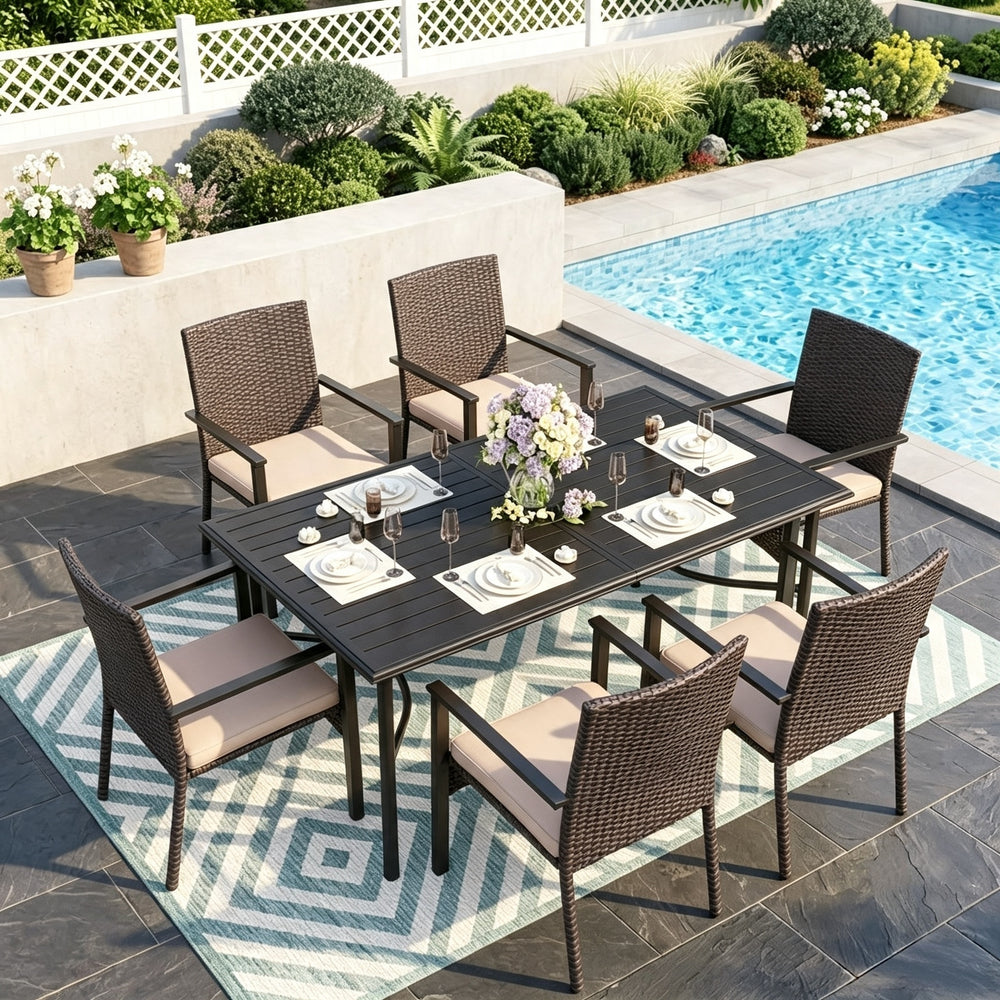 7-Piece Garden Dining Set with Rectangular Table and Wicker Rattan Chairs