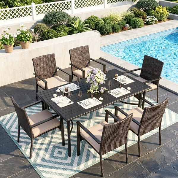 7-Piece Garden Dining Set with Rectangular Table and Wicker Rattan Chairs