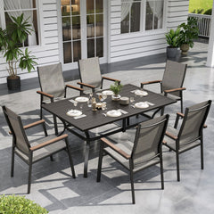 7-piece grey stackable high-back patio dining set for backyard outdoor space