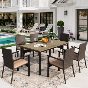 7-Piece Outdoor Dining Set with Wood-like Slat  Table & High-Back Rattan Chairs