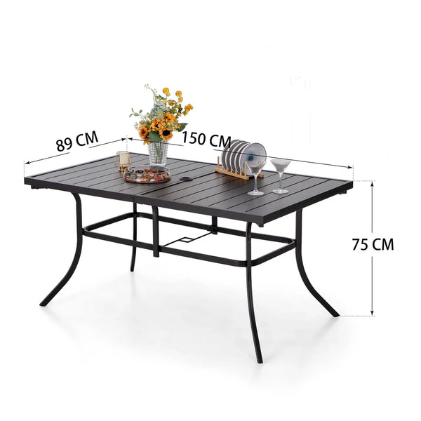 7-Piece Garden Dining Set with Metal Rectangular Slat Table and Wicker Rattan Chairs