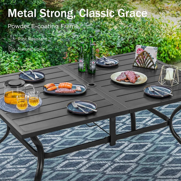 7-Piece Garden Dining Set with Metal Rectangular Slat Table and Wicker Rattan Chairs