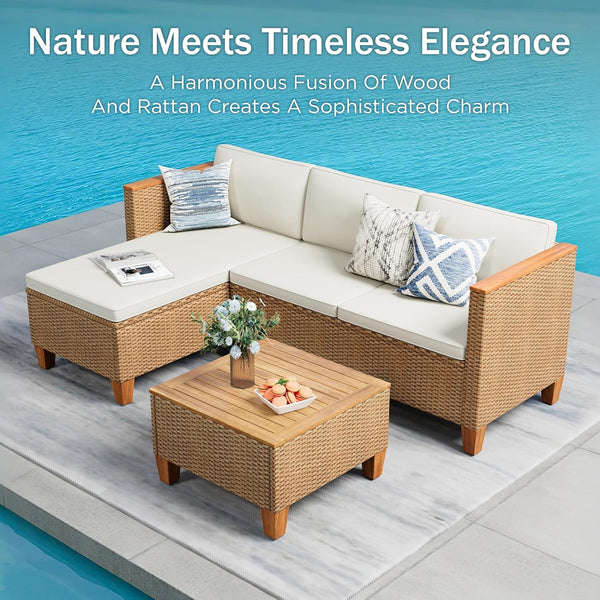 Outdoor 3-Piece Rattan Sofa Set, L-Shaped with Table