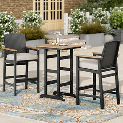 Tranquil 3-Piece Outdoor High Bar Set with HDPE Wicker Stools & Wood-Like Table