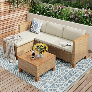 Outdoor 3-Piece Rattan Sofa Set, L-Shaped with Table