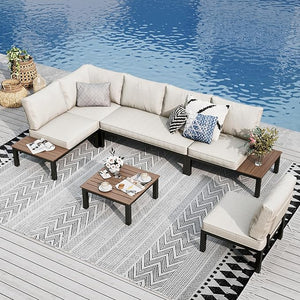 L Shaped Outdoor Corner Sofa Set Metal Frame Patio Sectional with Cushions