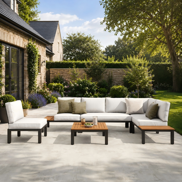 L Shaped Outdoor Corner Sofa Set Metal Frame Patio Sectional with Cushions