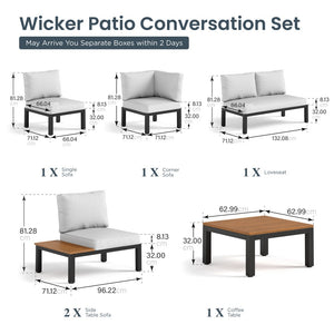 L Shaped Outdoor Corner Sofa Set Metal Frame Patio Sectional with Cushions