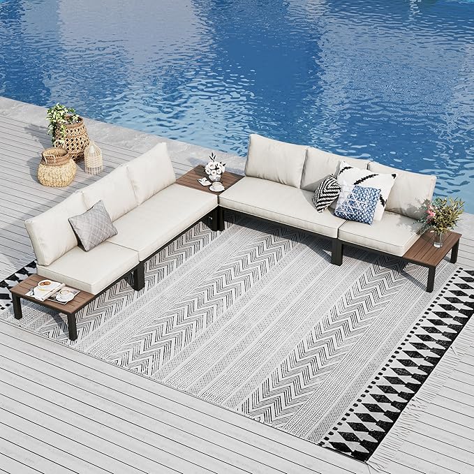 L Shaped Outdoor Corner Sofa Set Metal Frame Patio Sectional with Cushions