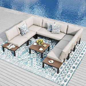 U Shaped Outdoor Corner Sofa Set Metal Frame Patio Sectional with Cushions