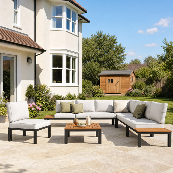 L Shaped Outdoor Corner Sofa Set Metal Frame Patio Sectional with Cushions