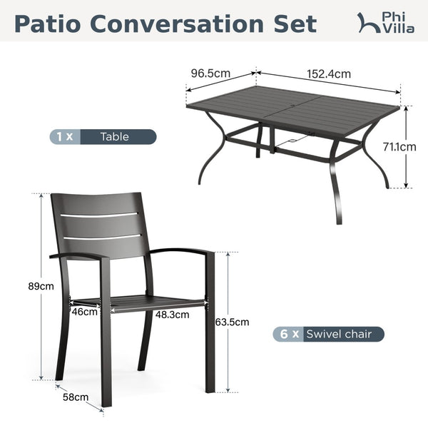 Veranda 6-Seater Outdoor Dining Set with 150cm Rectangular Steel Table