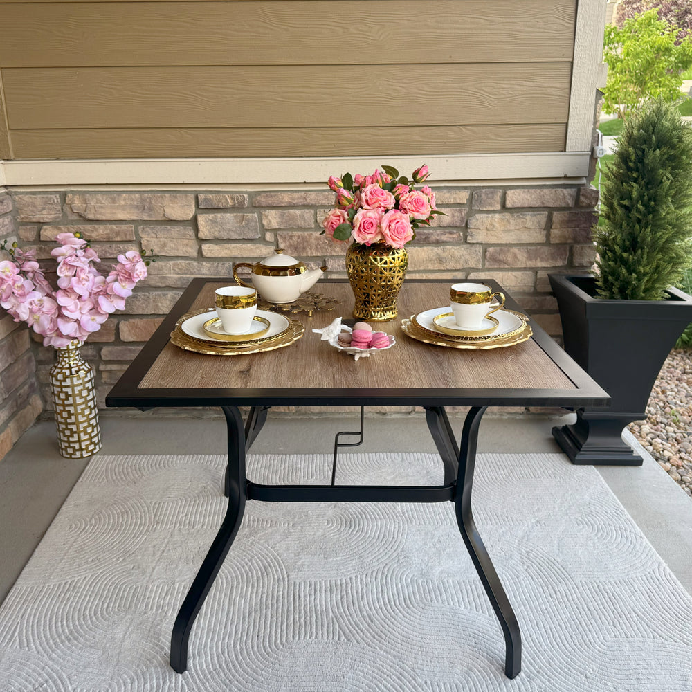 Wood-Look Outdoor Garden Dining Table Square Patio Table With Umbrella Hole